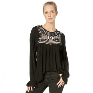 Free People Soul Mate Knit Crochet Black Flared Cuffs Black and White Knit Top